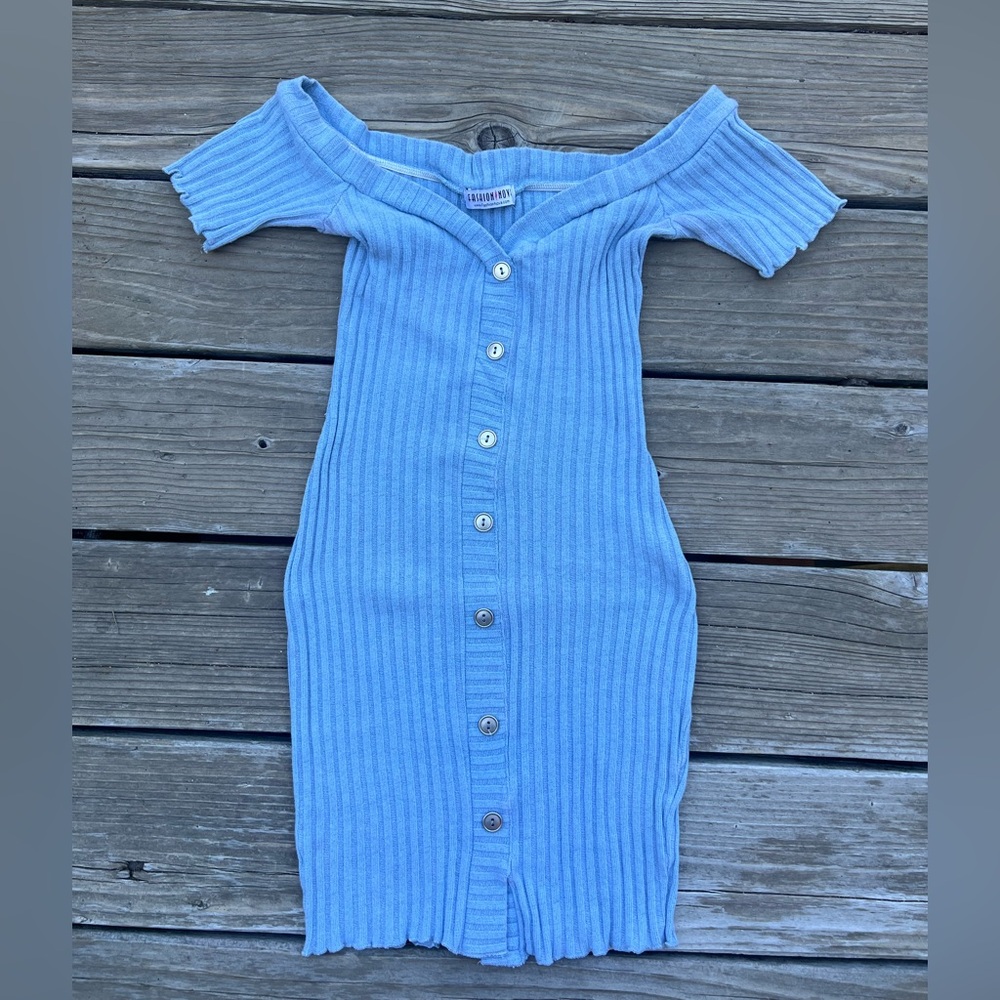 Off the Shoulders Light Blue Ribbed Button-Front Off-Shoulder Mini Dress